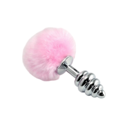 Анальная пробка металлическая, ребристая с розовым хвостиком Bunny Tail Plug