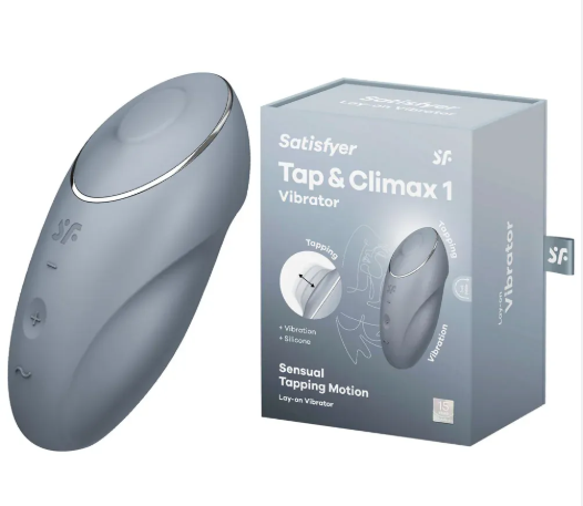 Клиторальный вибростимулятор с пульсацией серо-голубой Tap аnd Climax 1 Satisfyer