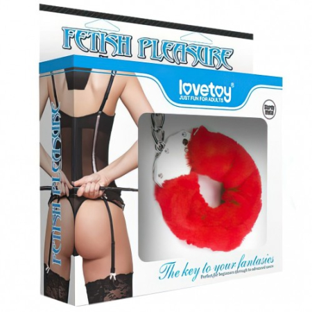 Красные металлические наручники с мехом Fetish Pleasure