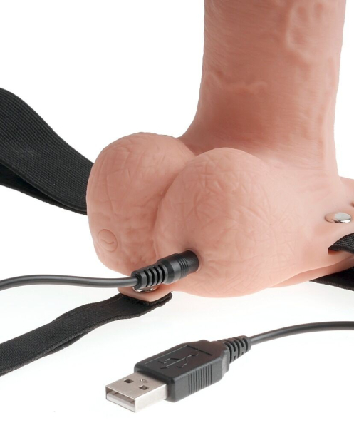 Фаллопротез с вибрацией перезаряжаемый с мошонкой Hollow Rechargeable Strap-on with Balls 11"