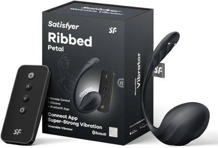 Вагинально-клиторальный смарт-стимулятор для ношения черный Ribbed Petal Satisfyer 