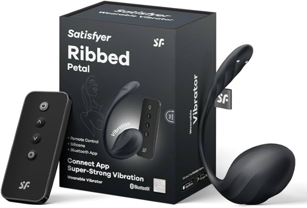 Вагинально-клиторальный смарт-стимулятор для ношения черный Ribbed Petal Satisfyer 