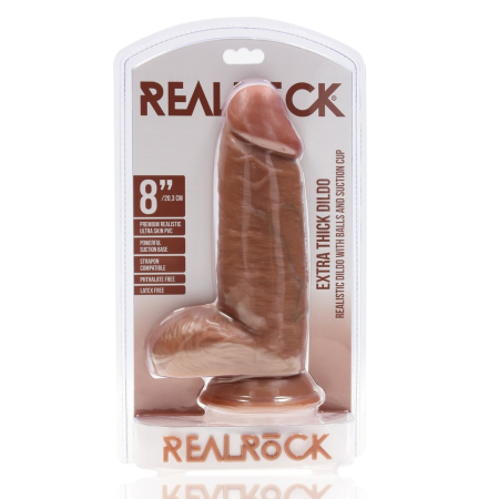 Фаллоимитатор реалистичный с мошонкой на присоске мулат RealRock Extra Thick Straight 20,3 см